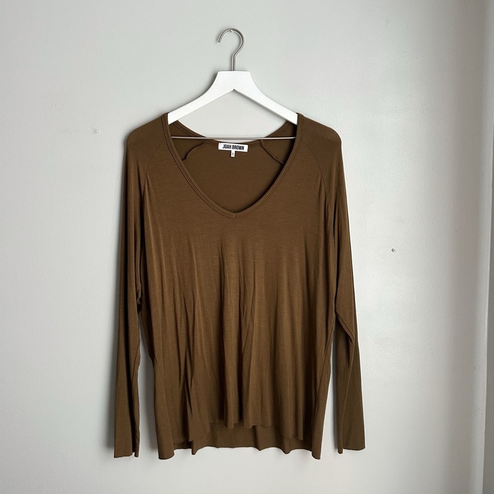 Joah Brown Long Sleeve V-Neck Top in Brown